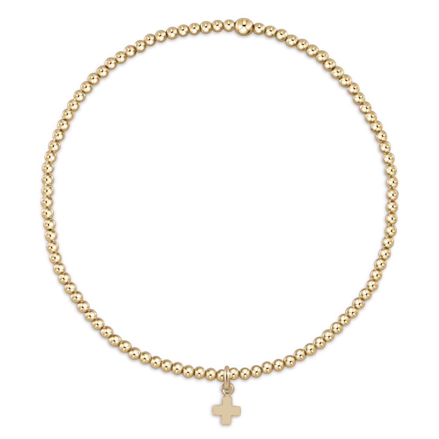 Gold beaded stretch bracelet with small gold cross charm pendant