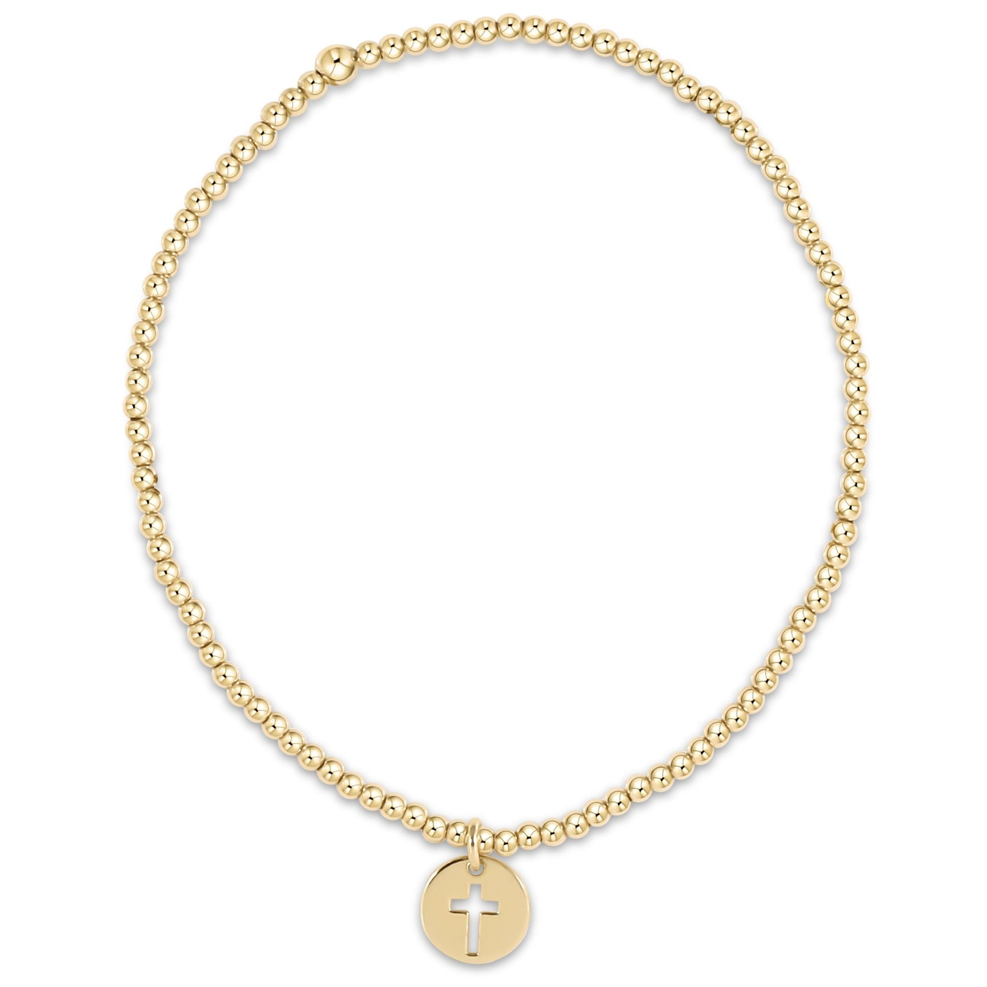 Gold beaded stretch bracelet with cross cutout disc charm, 2mm gold-filled beads
