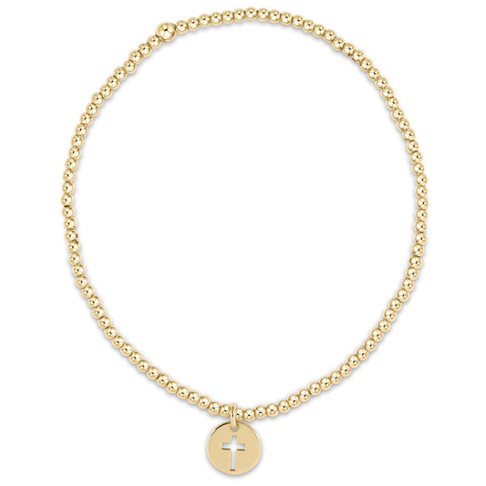 Gold beaded stretch bracelet with cross cutout disc charm, 2mm gold-filled beads