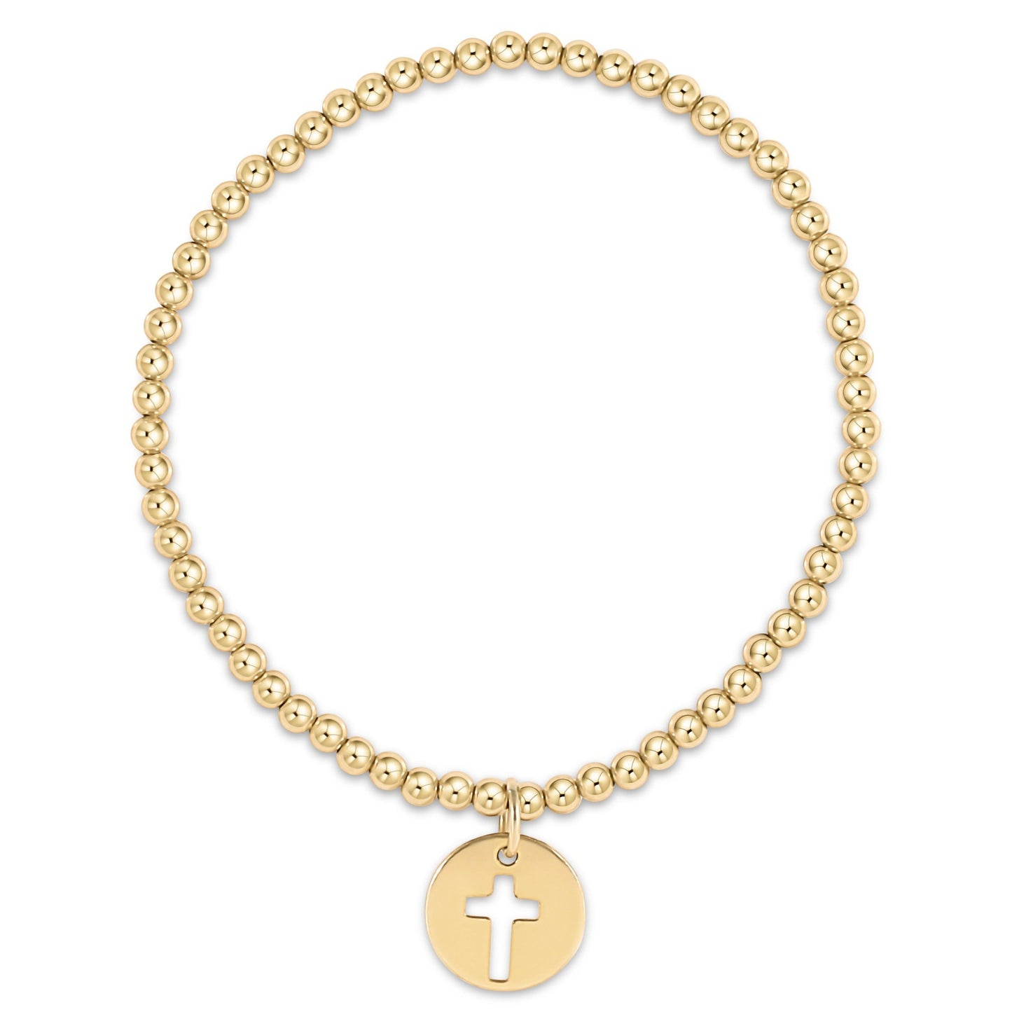 Gold beaded stretch bracelet with circular cutout cross charm pendant