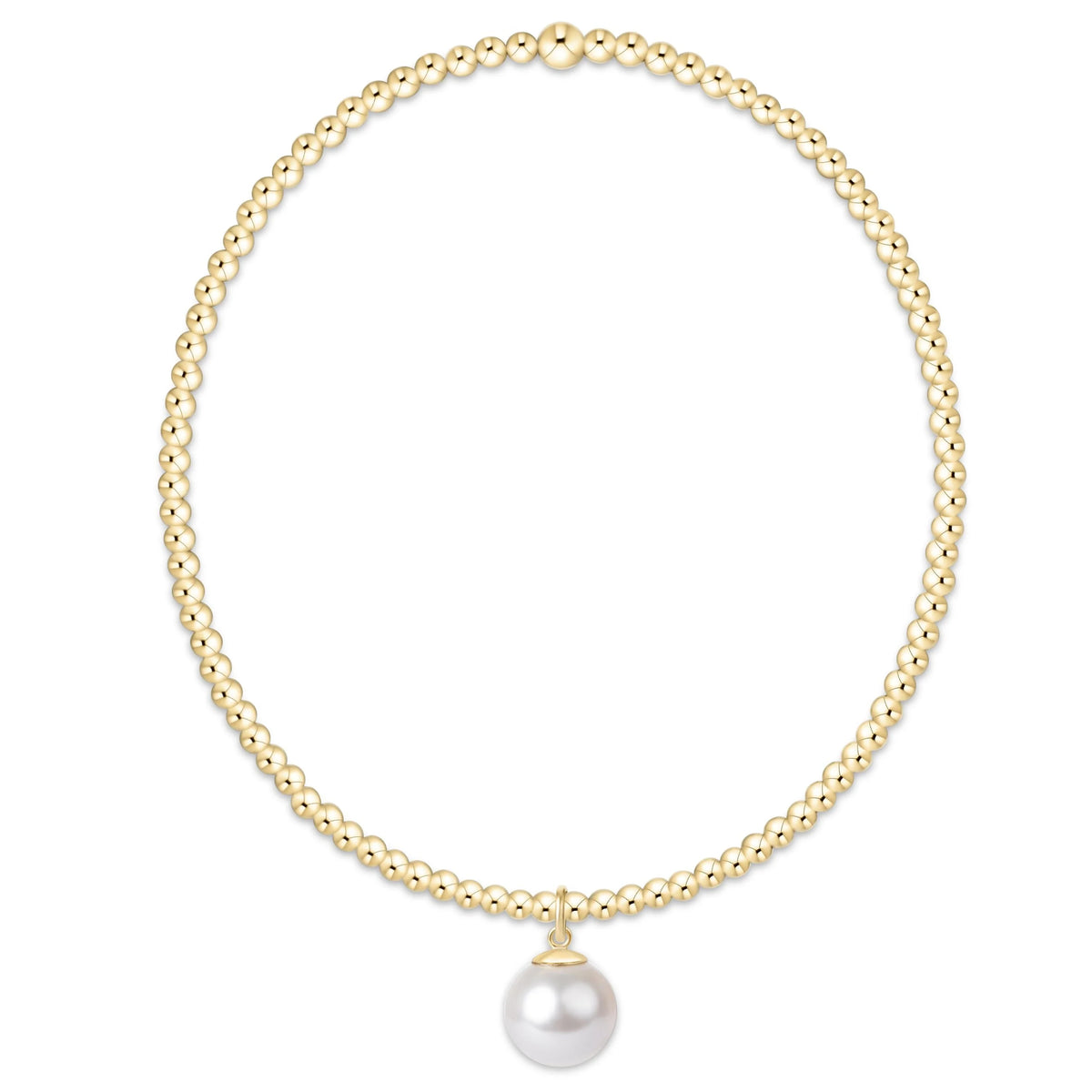 Gold beaded bracelet with single white pearl charm pendant on elastic band