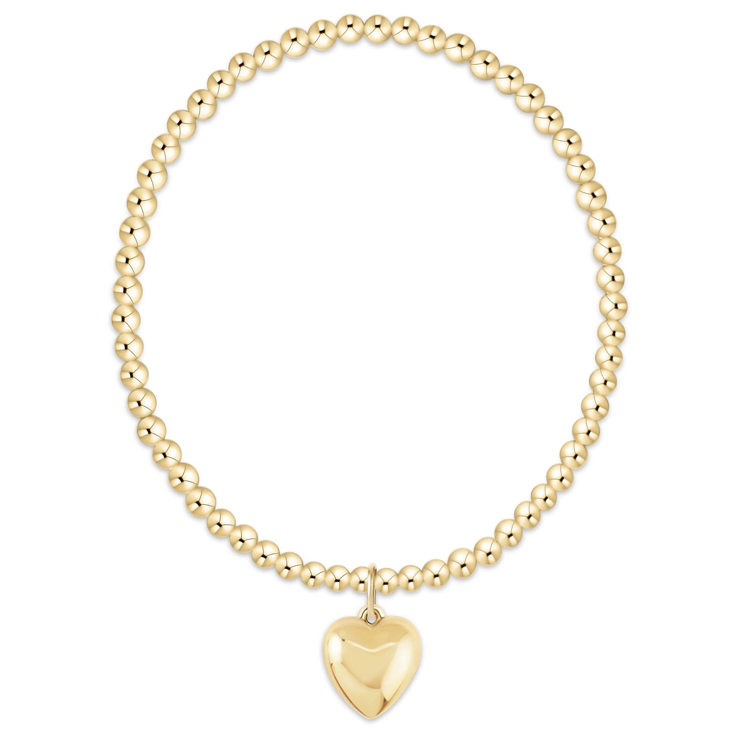 Gold beaded stretch bracelet with puffy heart charm, 14kt gold-filled finish