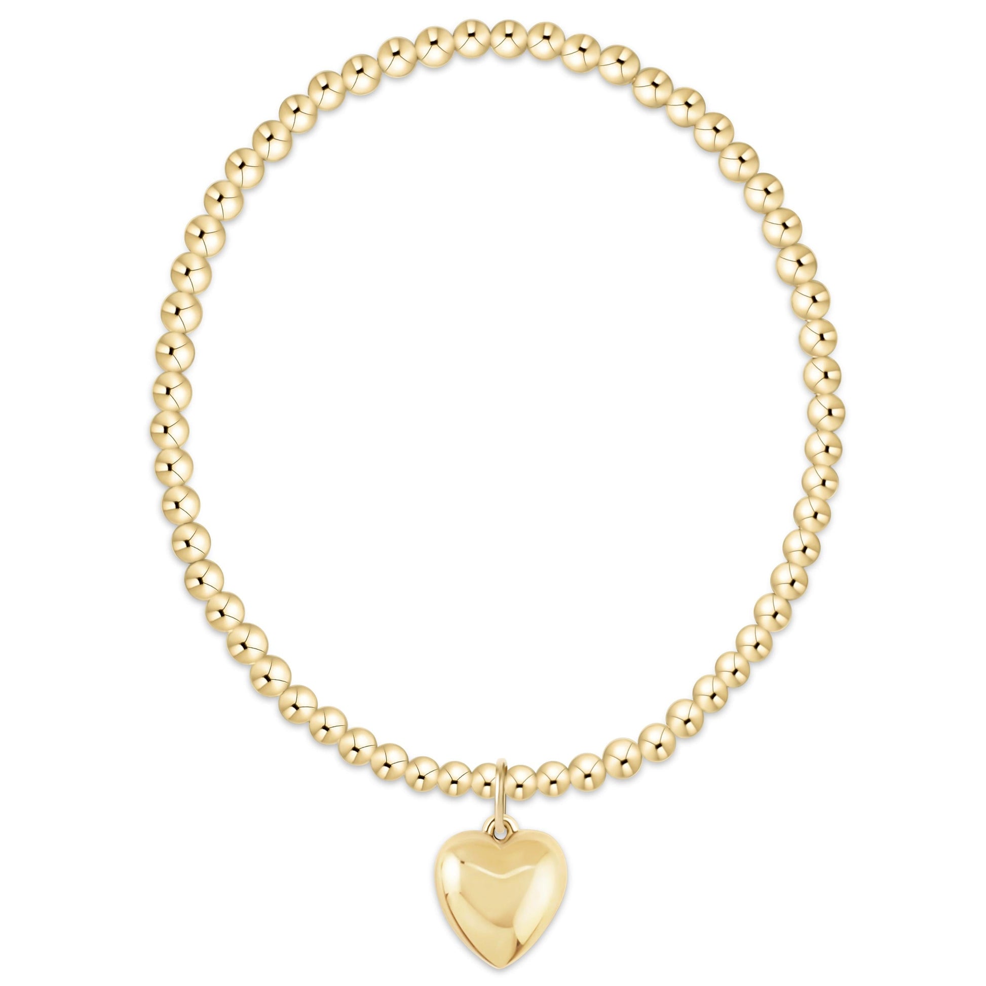 Gold beaded stretch bracelet with puffy heart charm, 14kt gold-filled finish