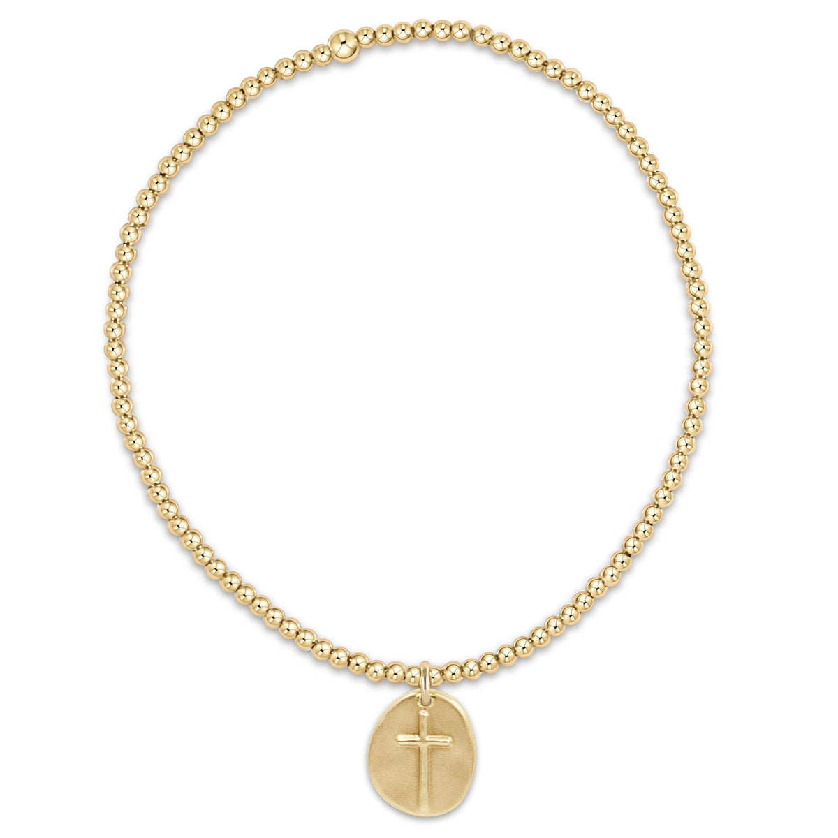 Gold beaded stretch bracelet with engraved cross medallion charm pendant