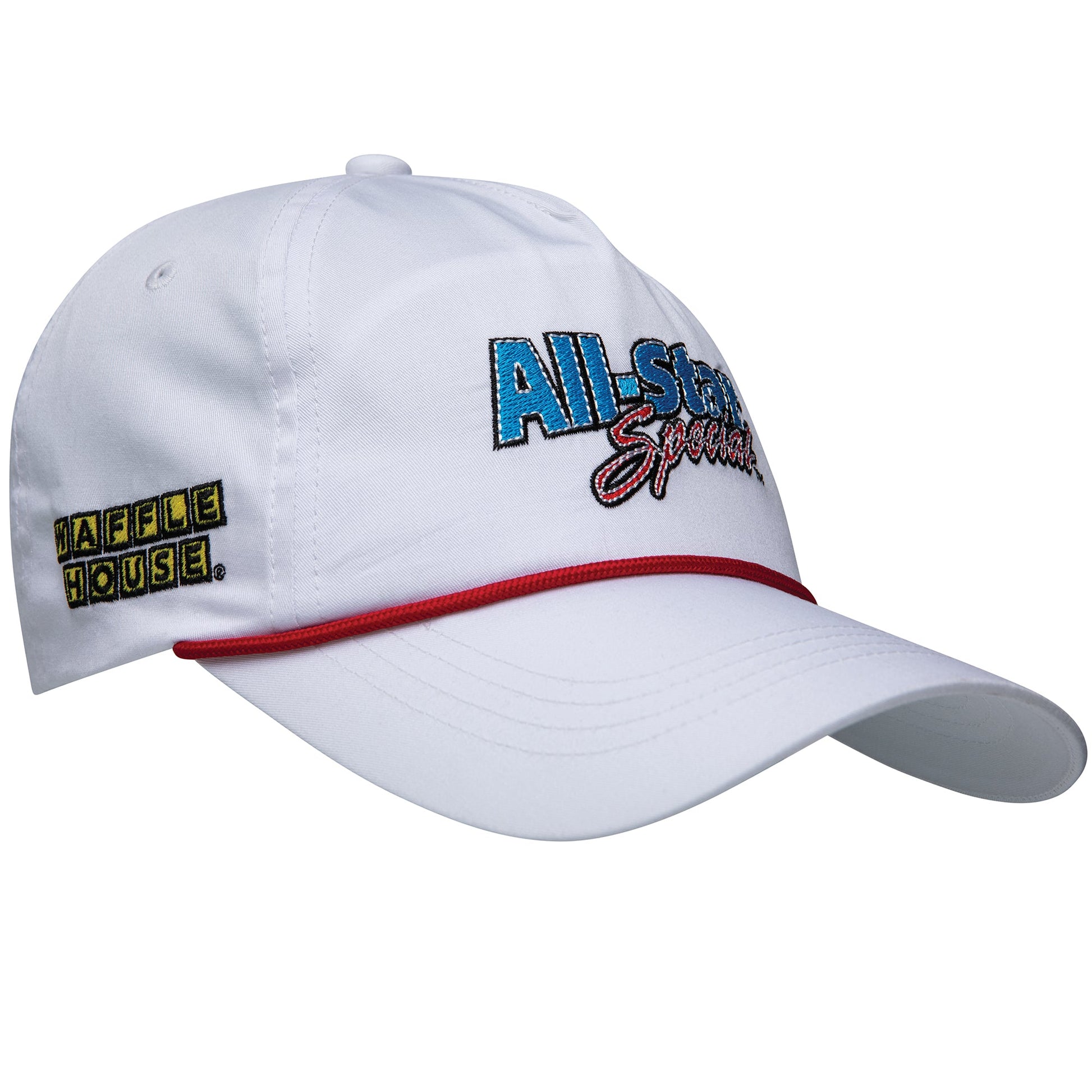 White rope hat with All Star Special and Waffle House embroidered logos
