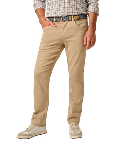 Men's khaki sateen 5-pocket pants with woven belt and sneakers