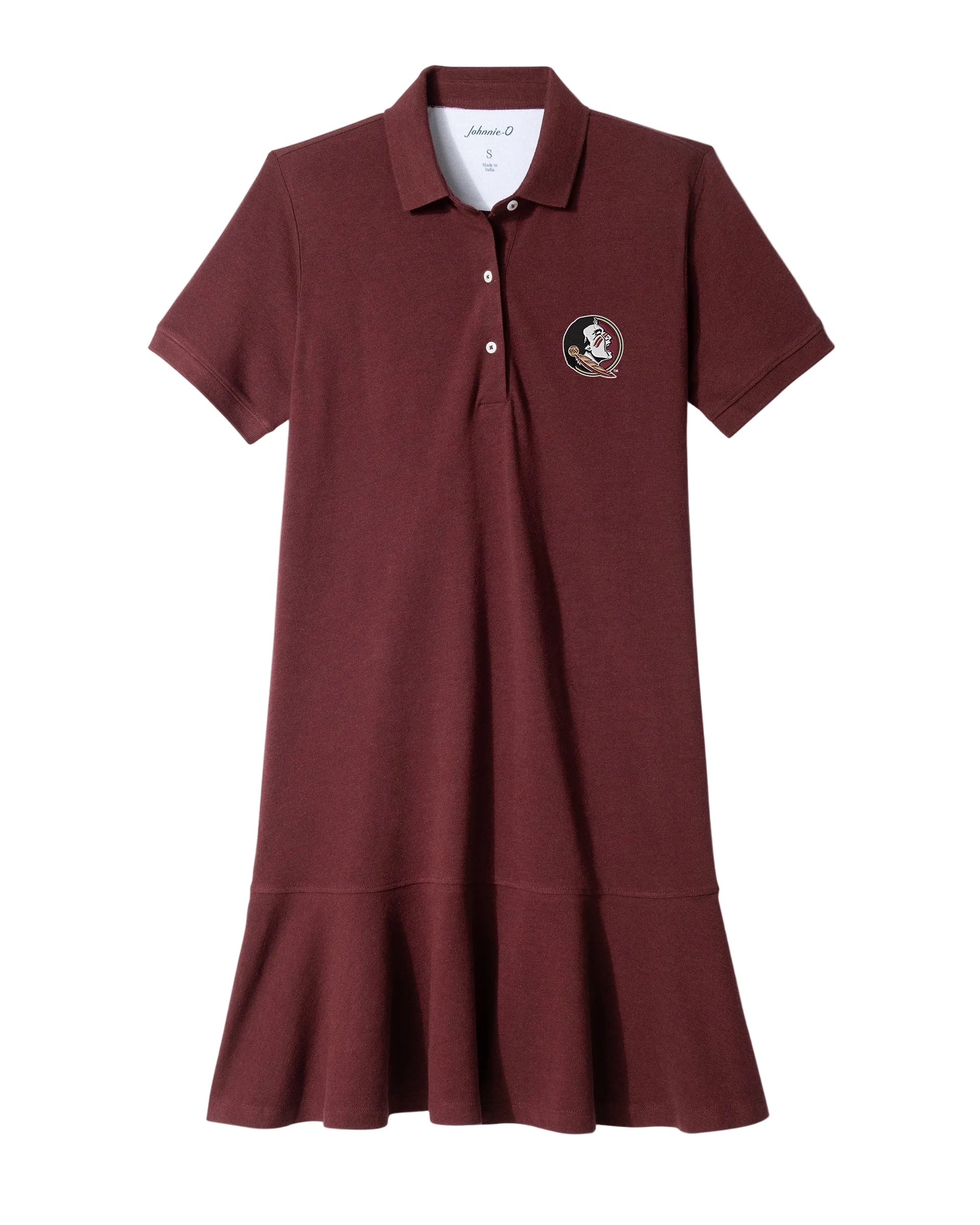 Maroon FSU logo polo dress with ruffle hem, short sleeves, and button collar
