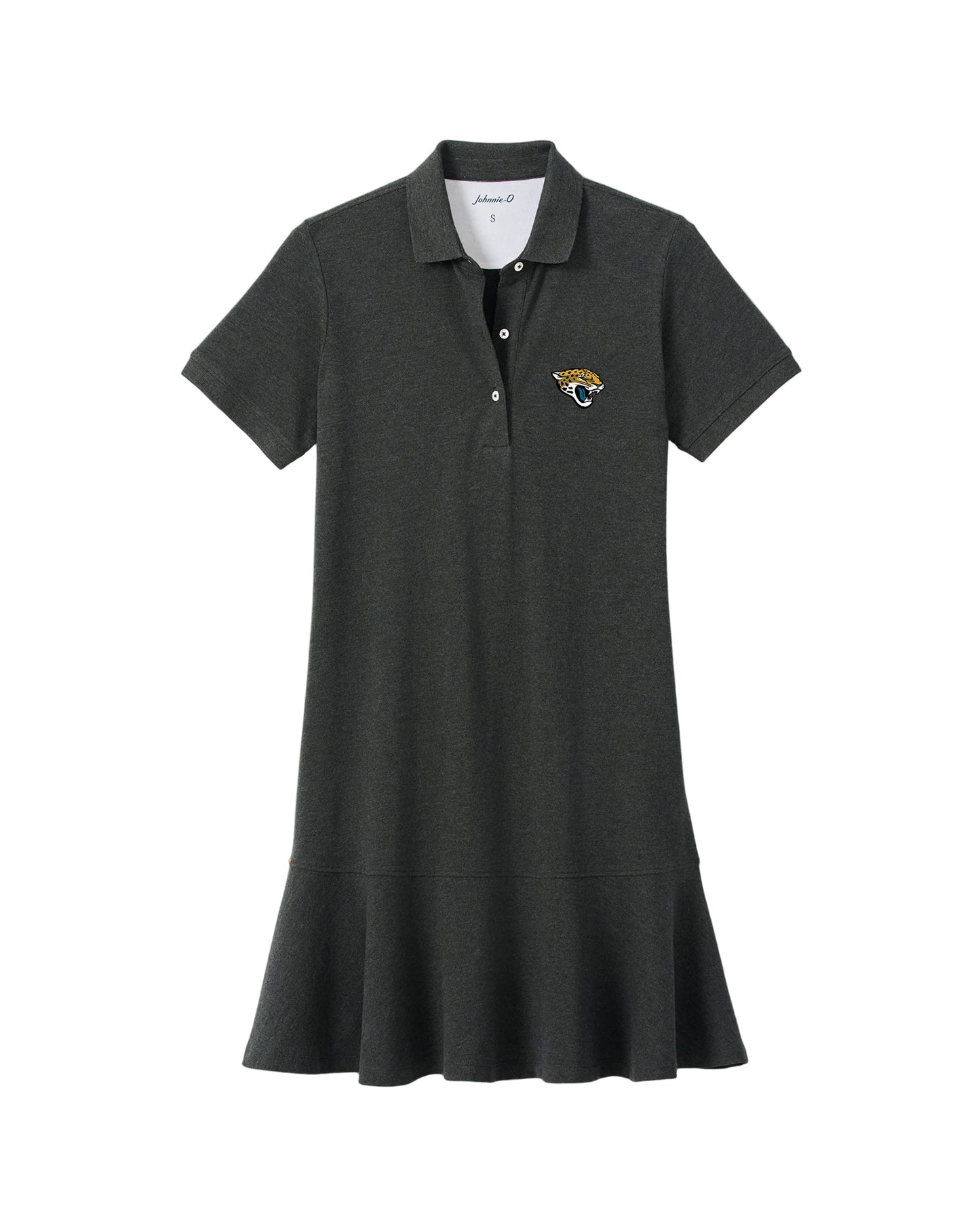 Charcoal gray polo dress with Jacksonville Jaguars logo and ruffle hem
