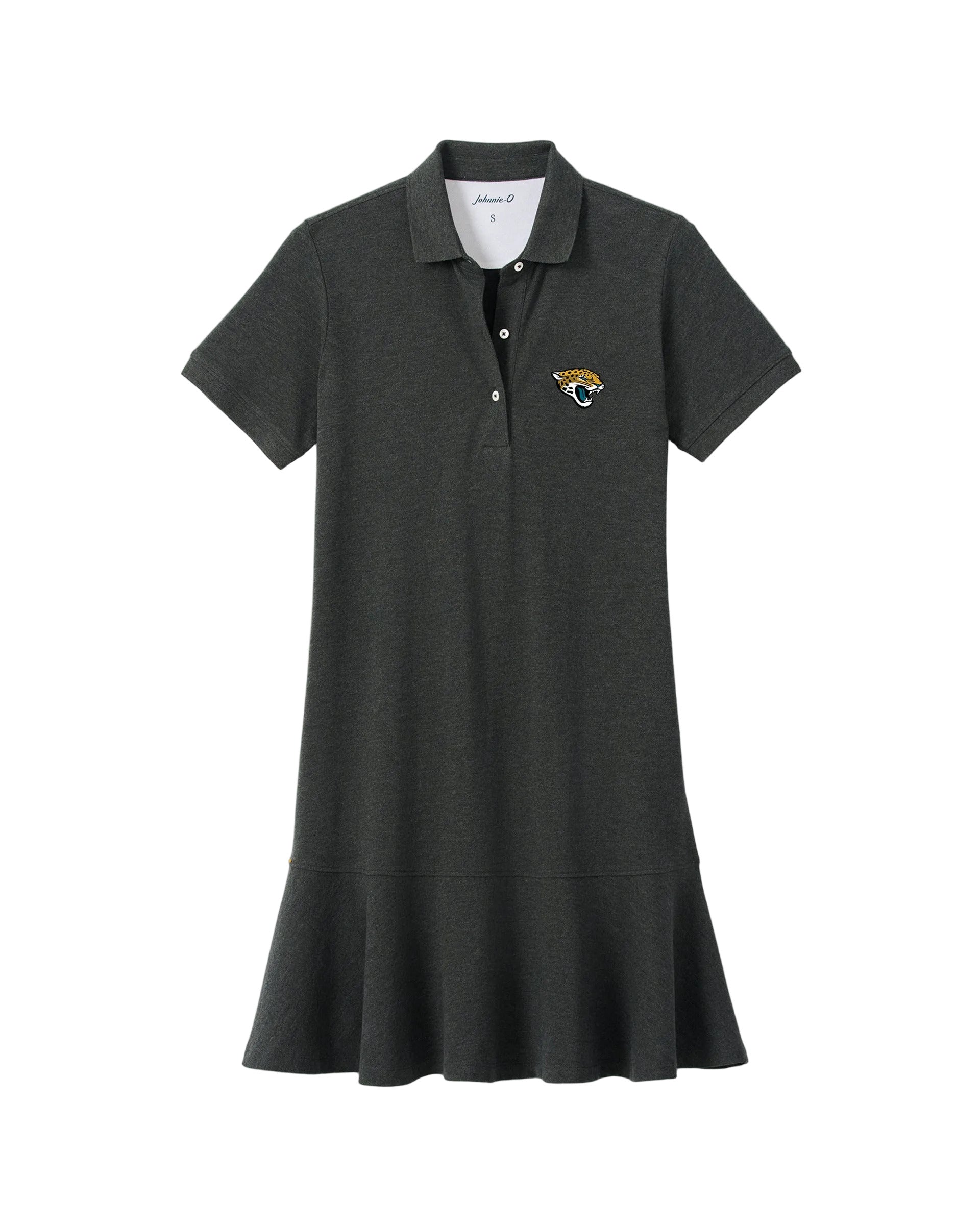 Charcoal gray polo dress with Jacksonville Jaguars logo and ruffle hem