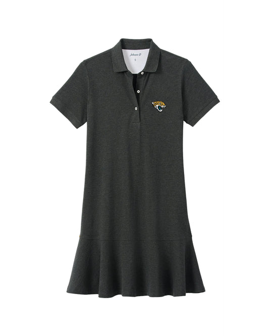 Charcoal gray polo dress with Jacksonville Jaguars logo and ruffle hem
