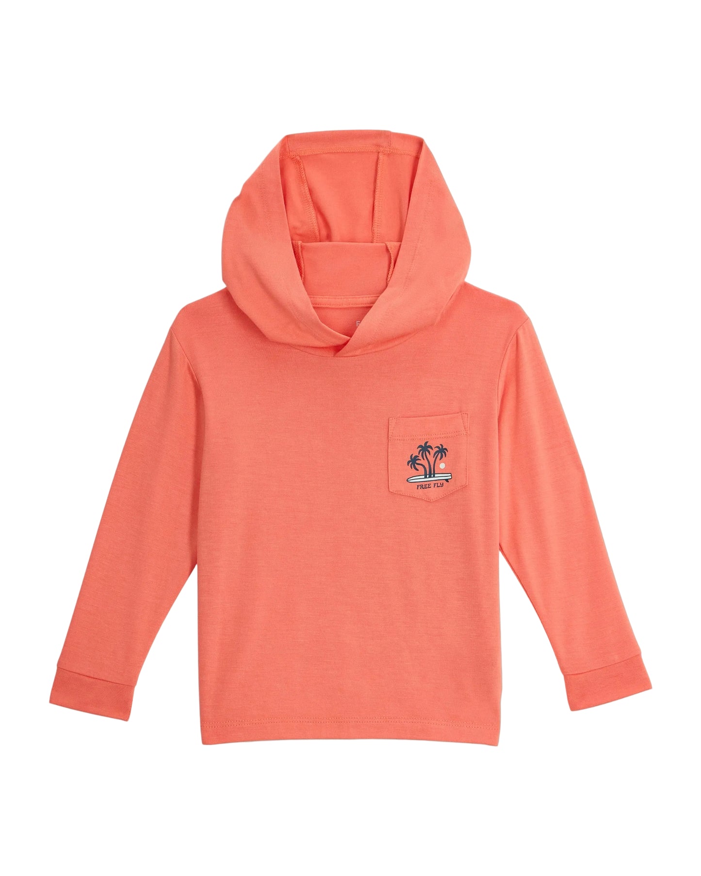Coral long-sleeve toddler hoodie with chest pocket and palm tree graphic