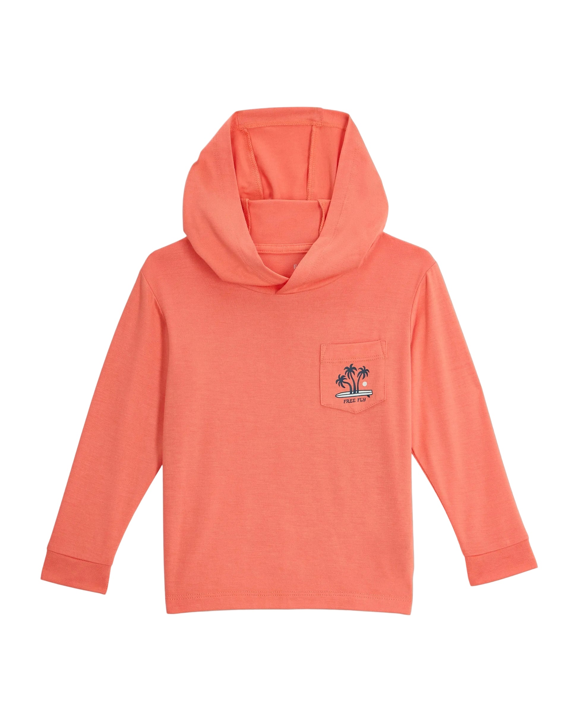 Coral long-sleeve toddler hoodie with chest pocket and palm tree graphic