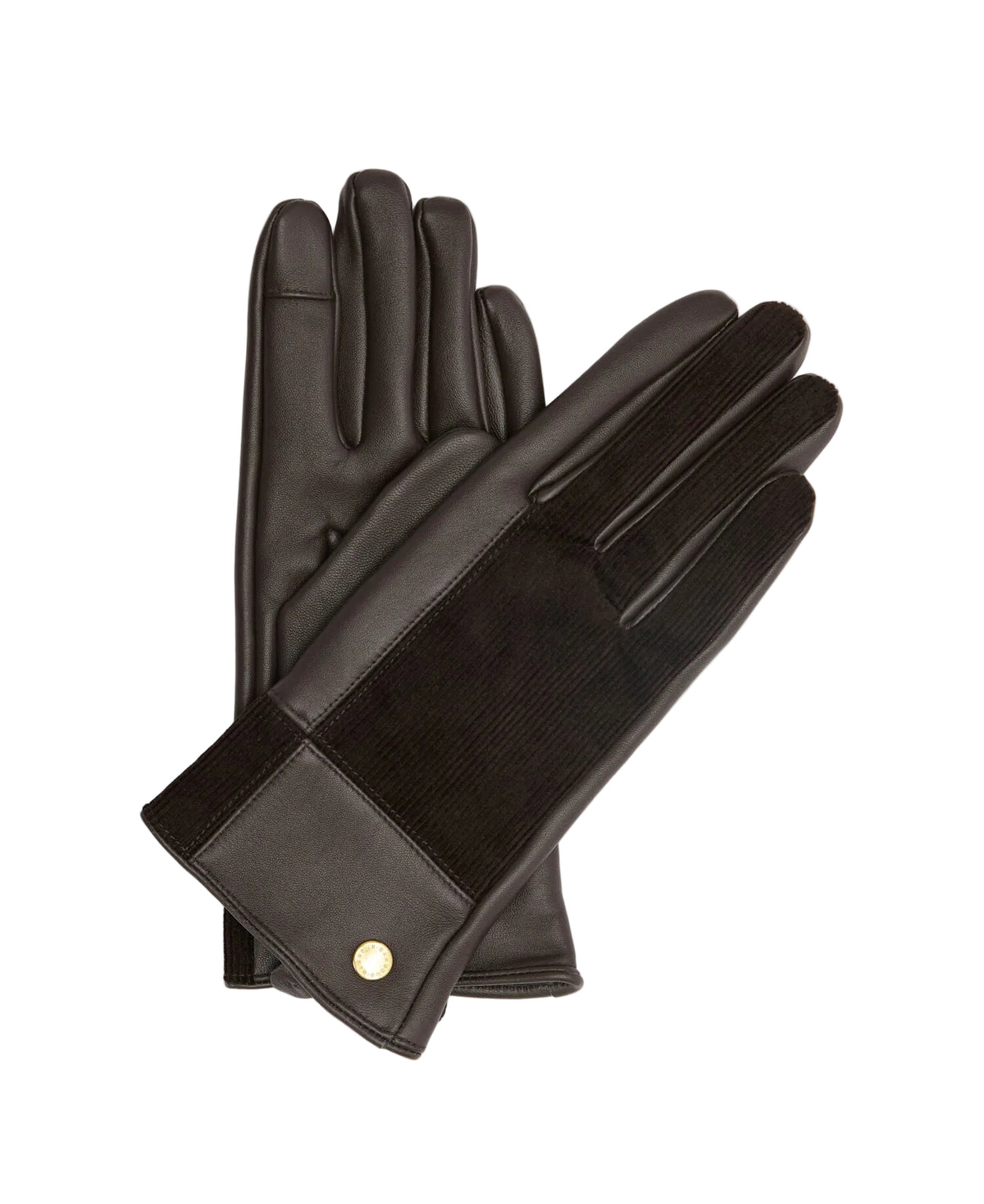 Barbour women's dark brown leather and corduroy patchwork gloves with gold stud detail