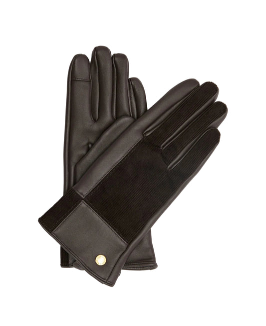 Barbour women's dark brown leather and corduroy patchwork gloves with gold stud detail