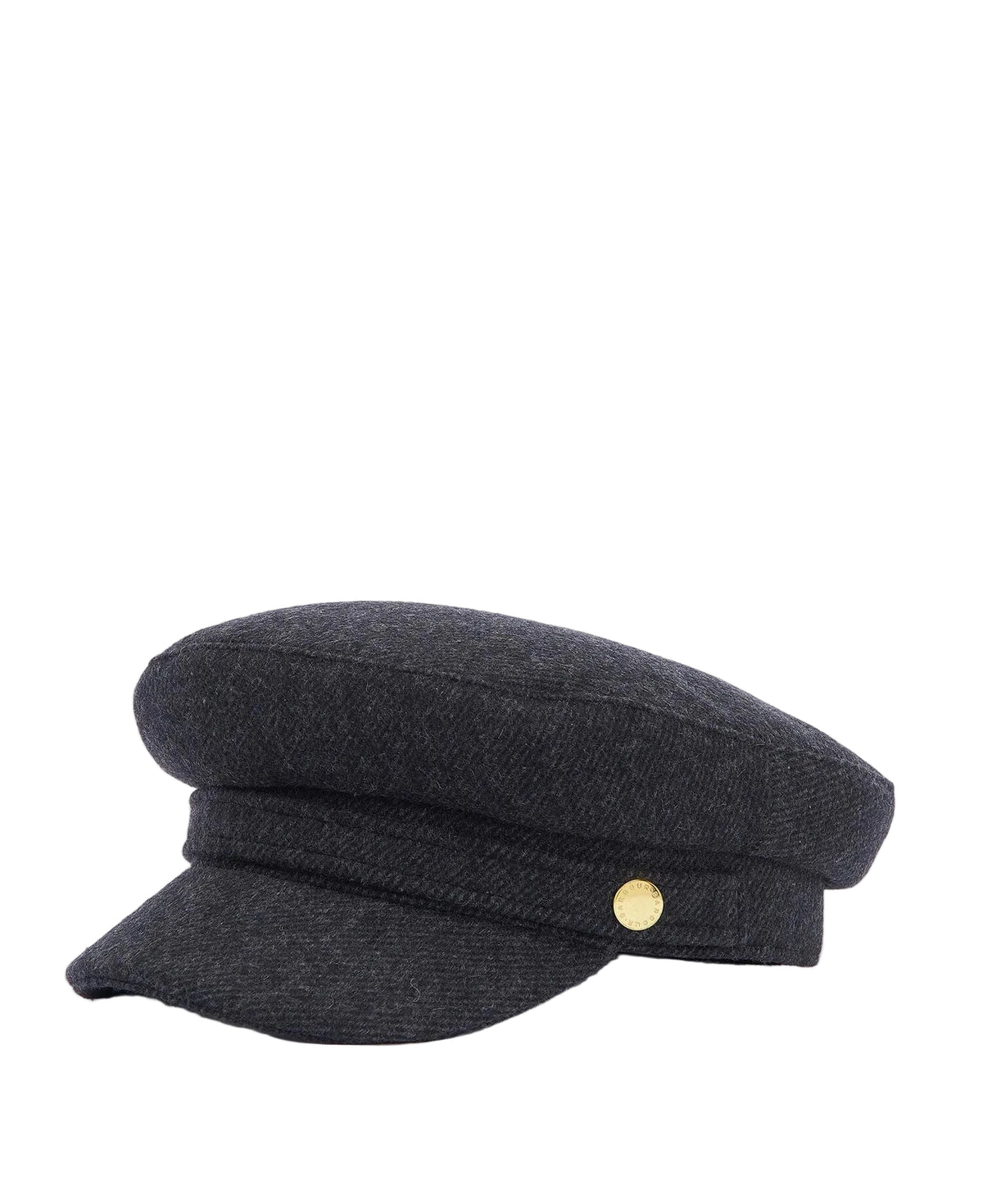 Barbour Bothal Bakerboy cap in charcoal grey wool-blend with gold stud detail