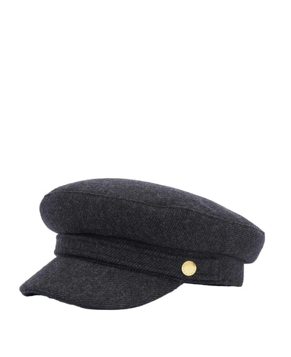 Barbour Bothal Bakerboy cap in charcoal grey wool-blend with gold stud detail