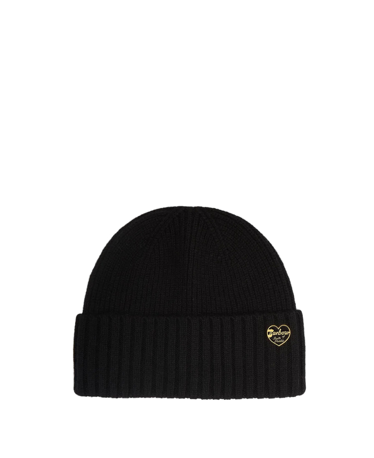 Black ribbed knit beanie with gold Barbour heart logo badge on folded cuff