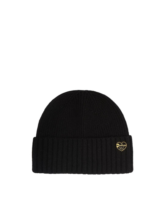 Black ribbed knit beanie with gold Barbour heart logo badge on folded cuff