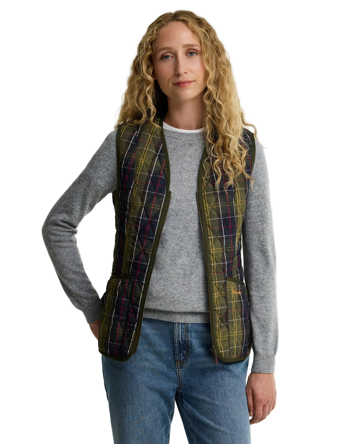 Barbour Women's Betty Liner quilted tartan vest in classic green plaid pattern