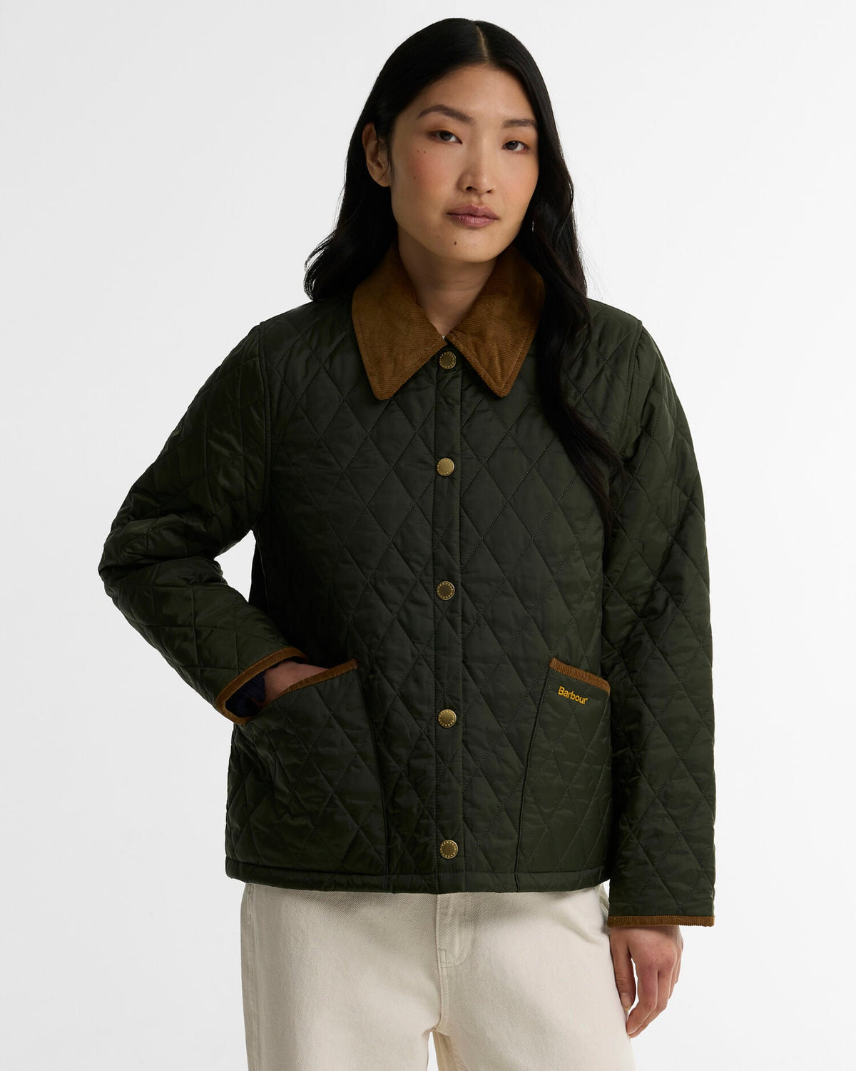Women's olive green diamond quilted Barbour jacket with corduroy collar and brass snaps