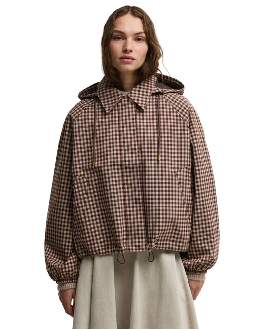 Women's cropped hooded jacket in cranberry and beige gingham check pattern