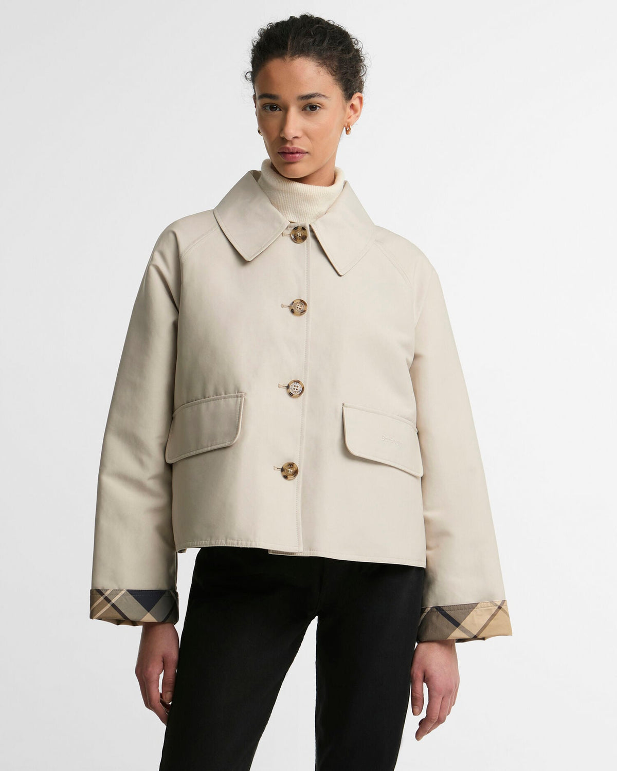 Women's cream cropped showerproof jacket with gold buttons and tartan cuff lining