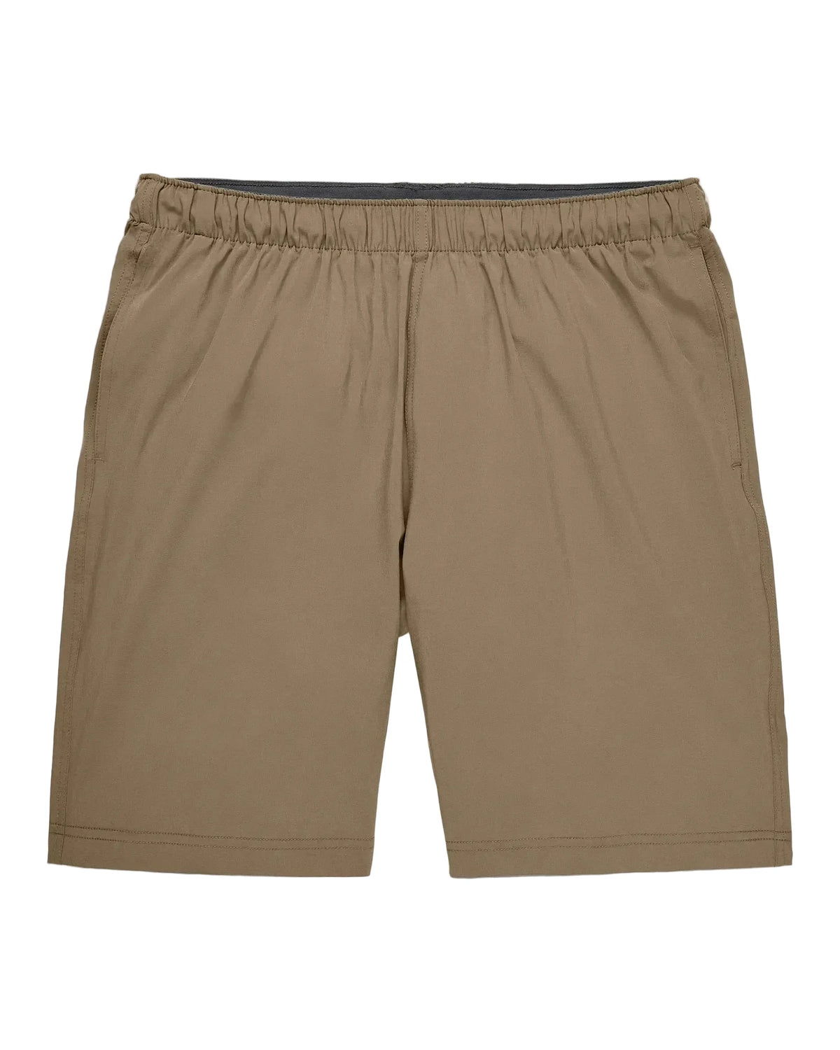 Men's khaki elastic waist athletic shorts with side pockets, 8-inch inseam
