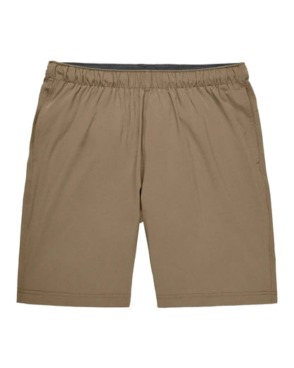 Men's khaki elastic waist athletic shorts with side pockets, 8-inch inseam