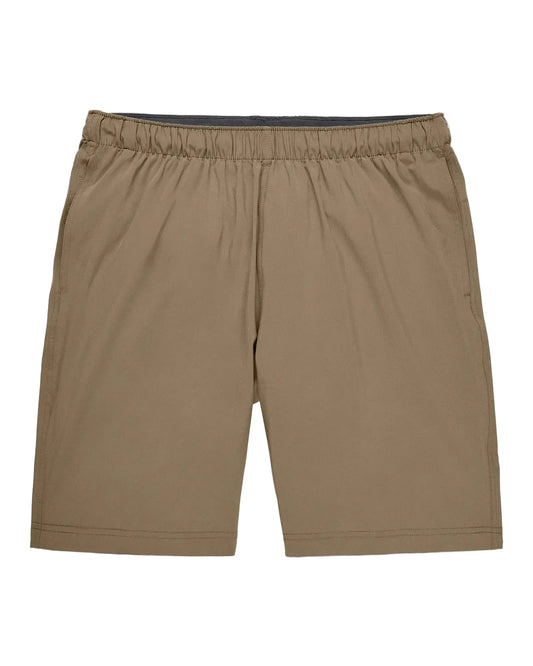 Men's khaki elastic waist athletic shorts with side pockets, 8-inch inseam