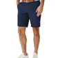 Men's navy blue performance chino shorts with brown belt and white sneakers