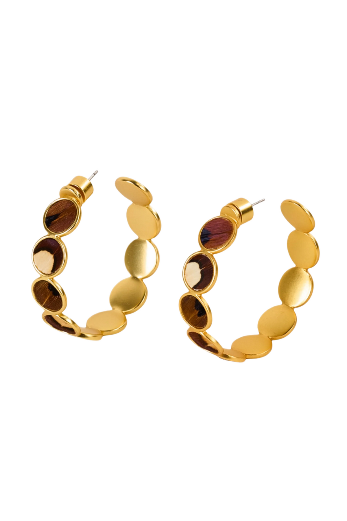 Gold-tone hoop earrings with round bezels and brown tortoise shell accents