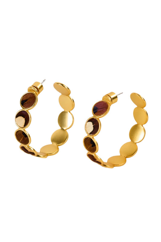 Gold-tone hoop earrings with round bezels and brown tortoise shell accents