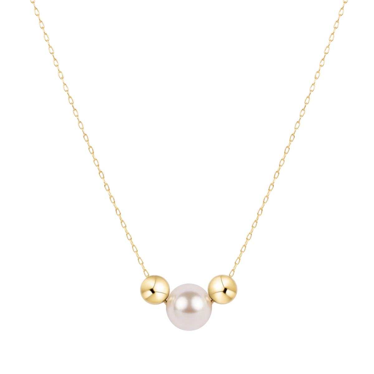 Gold chain necklace with center white pearl flanked by two gold ball beads