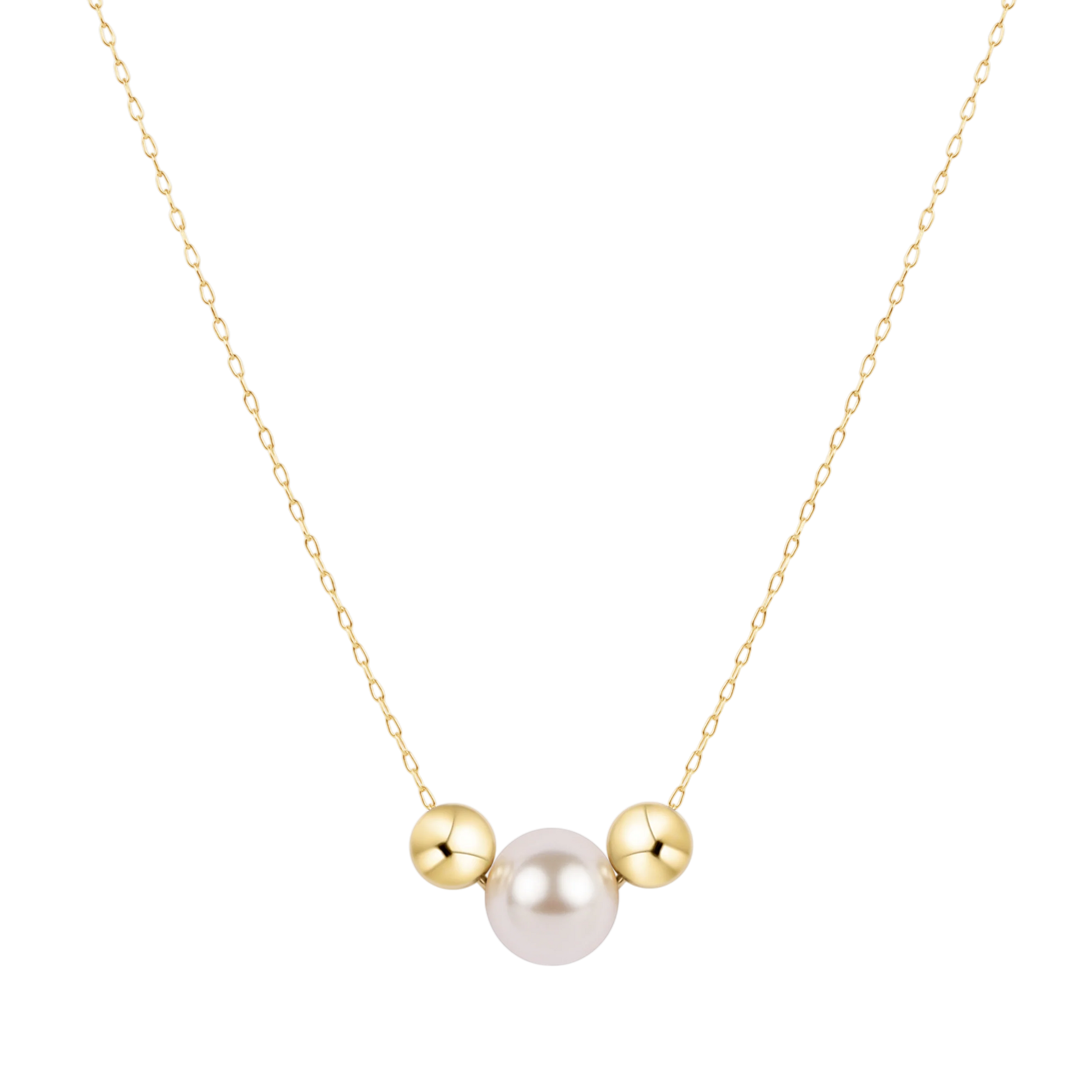 Gold chain necklace with center white pearl flanked by two gold ball beads