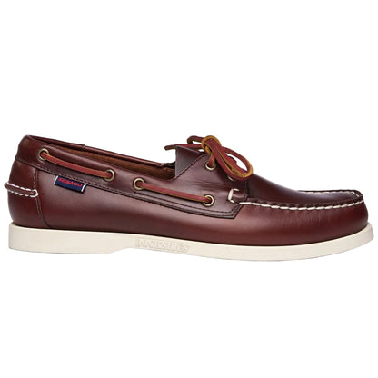 Sebago Portland Docksides brown waxed leather boat shoe with white rubber sole