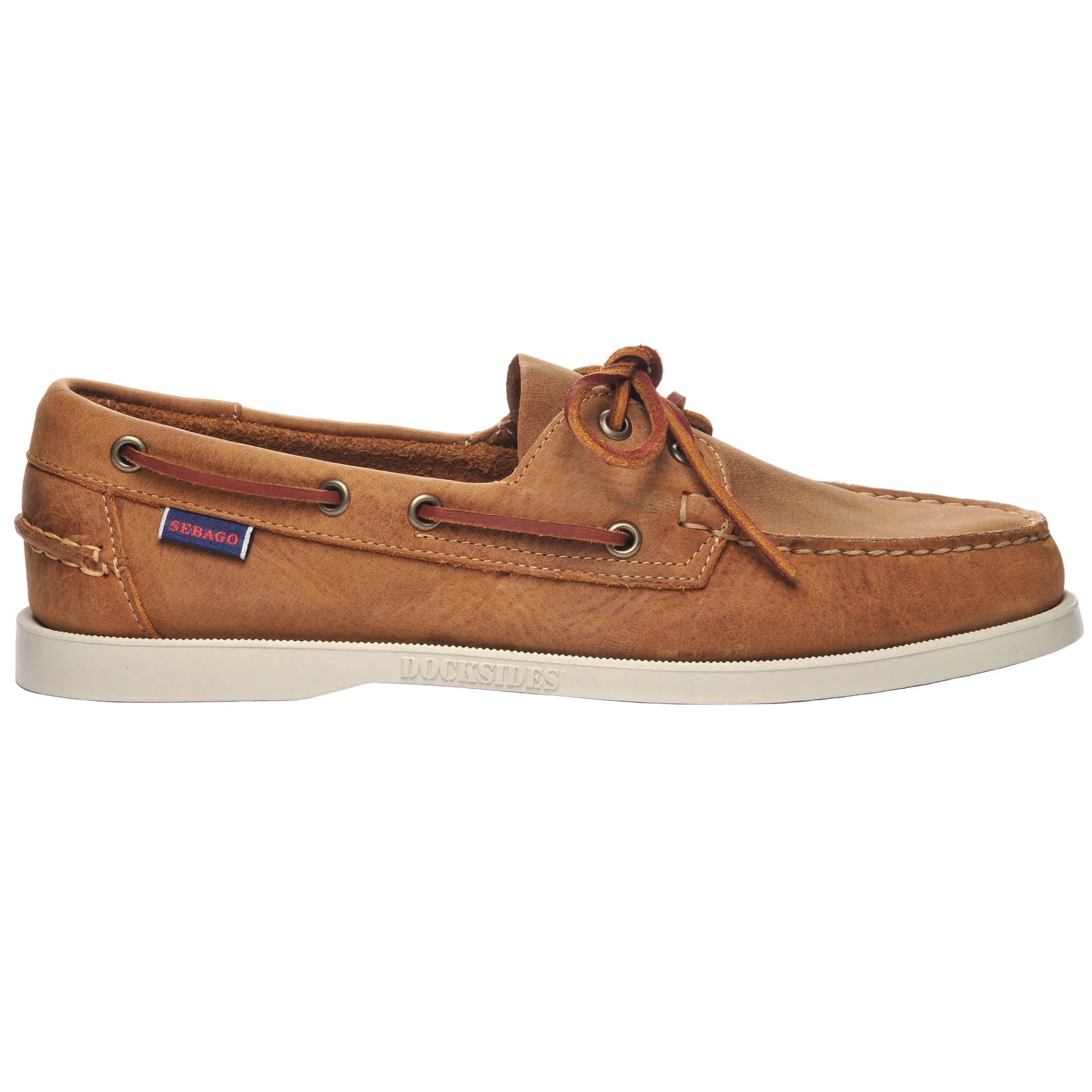 Sebago Portland Crazy Horse tan leather boat shoe with cream rubber sole