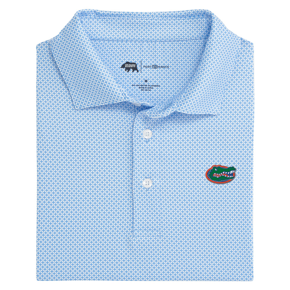 Light blue geometric print performance polo with University of Florida Gators logo on chest