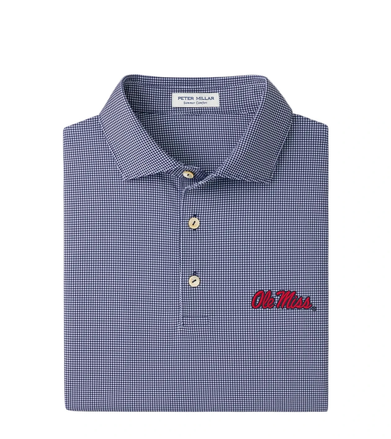Peter Millar Ole Miss navy houndstooth polo shirt with red script logo