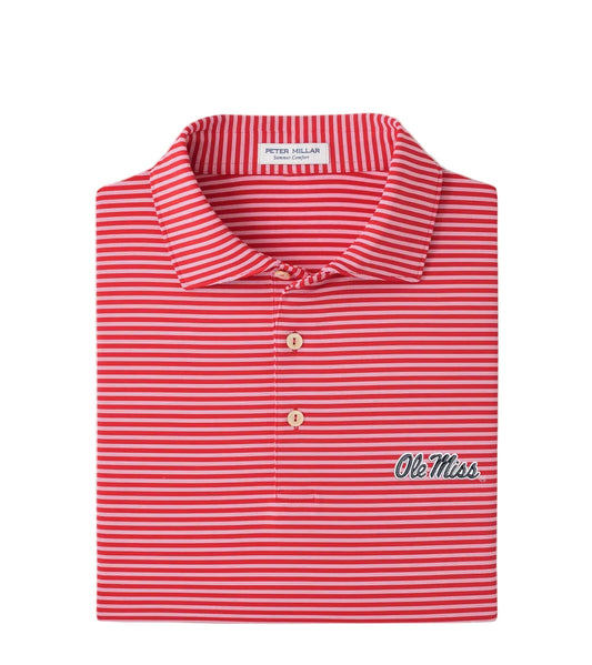 Peter Millar Ole Miss red and white striped polo shirt with script logo