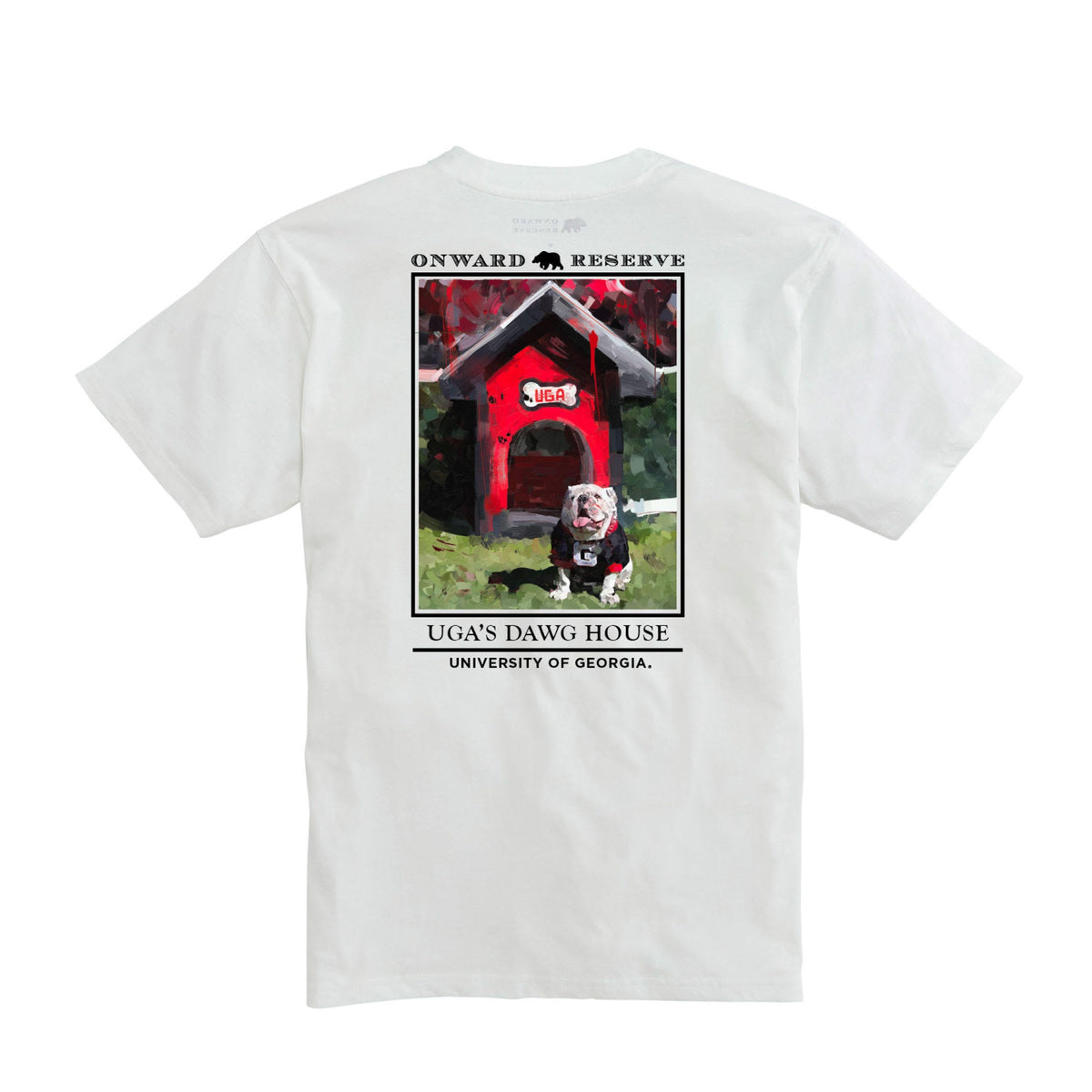 White short sleeve t-shirt back graphic UGA bulldog mascot red doghouse Onward Reserve