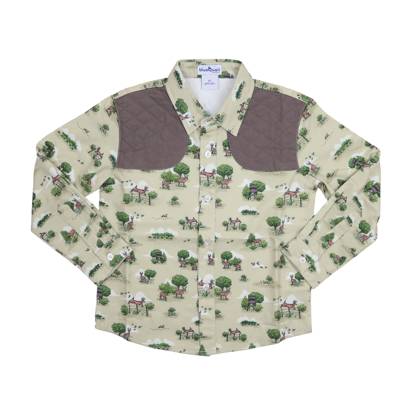 Youth long sleeve button-up shirt with deer woodland print and quilted shoulder patches