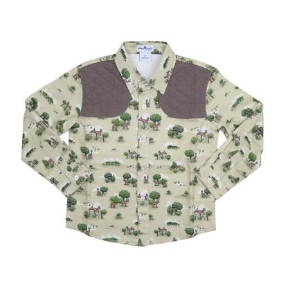 Youth long sleeve button-up shirt with deer woodland print and quilted shoulder patches