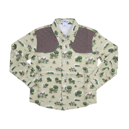 Youth long sleeve button-up shirt with deer woodland print and quilted shoulder patches