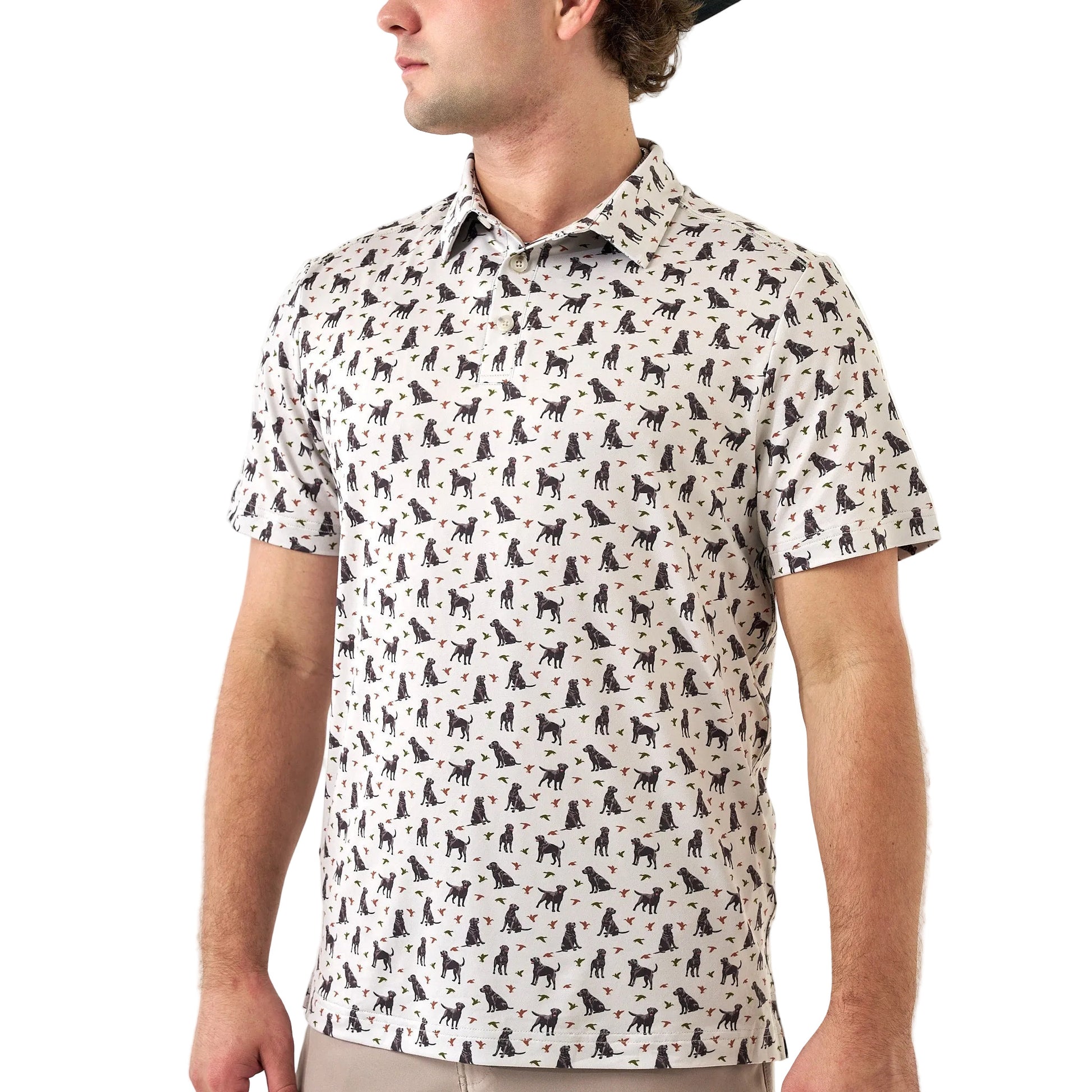 White short-sleeve polo shirt with black Labrador and colorful duck print pattern