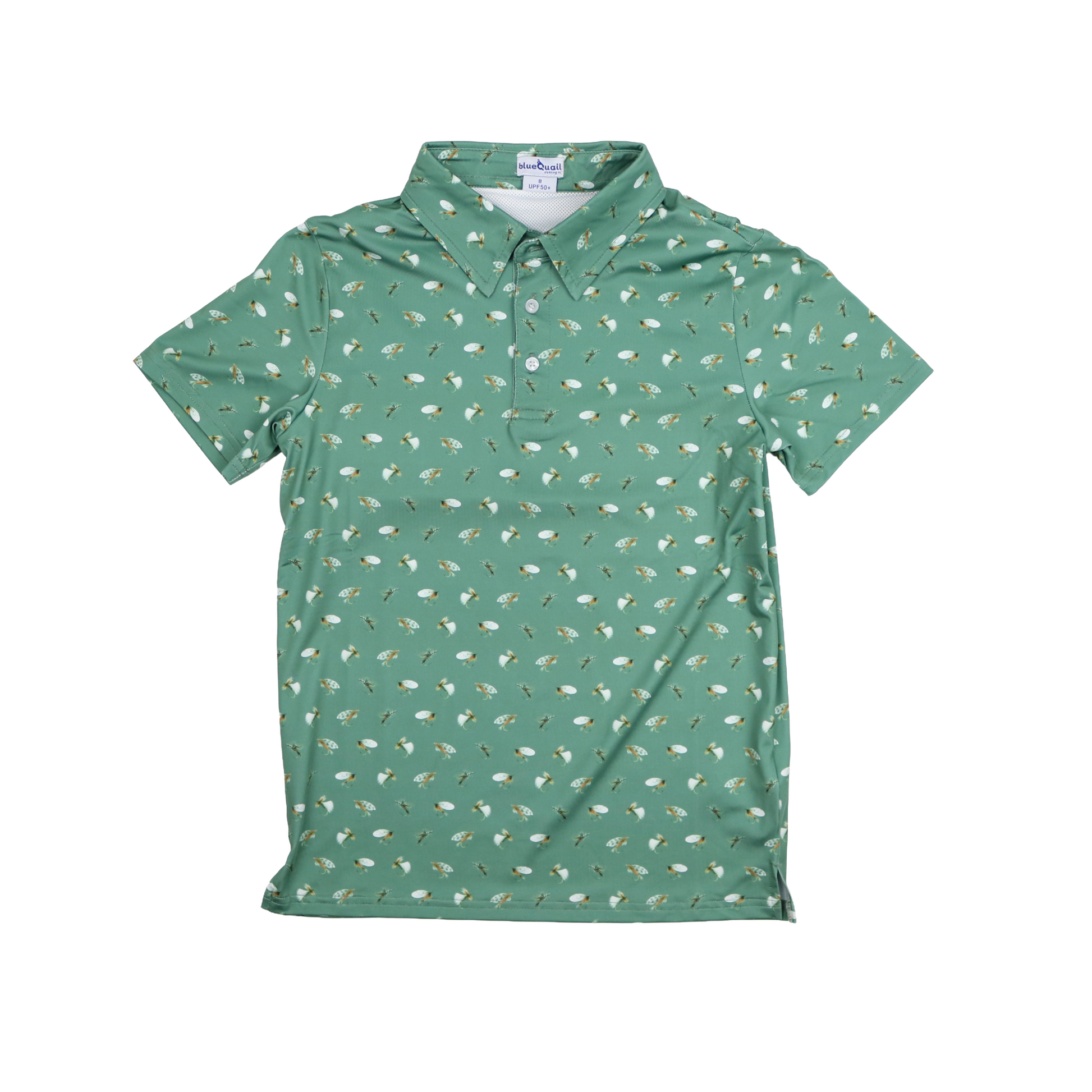 Green youth polo shirt with allover fly fishing lure print pattern