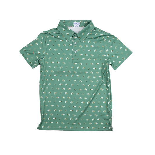 Green youth polo shirt with allover fly fishing lure print pattern