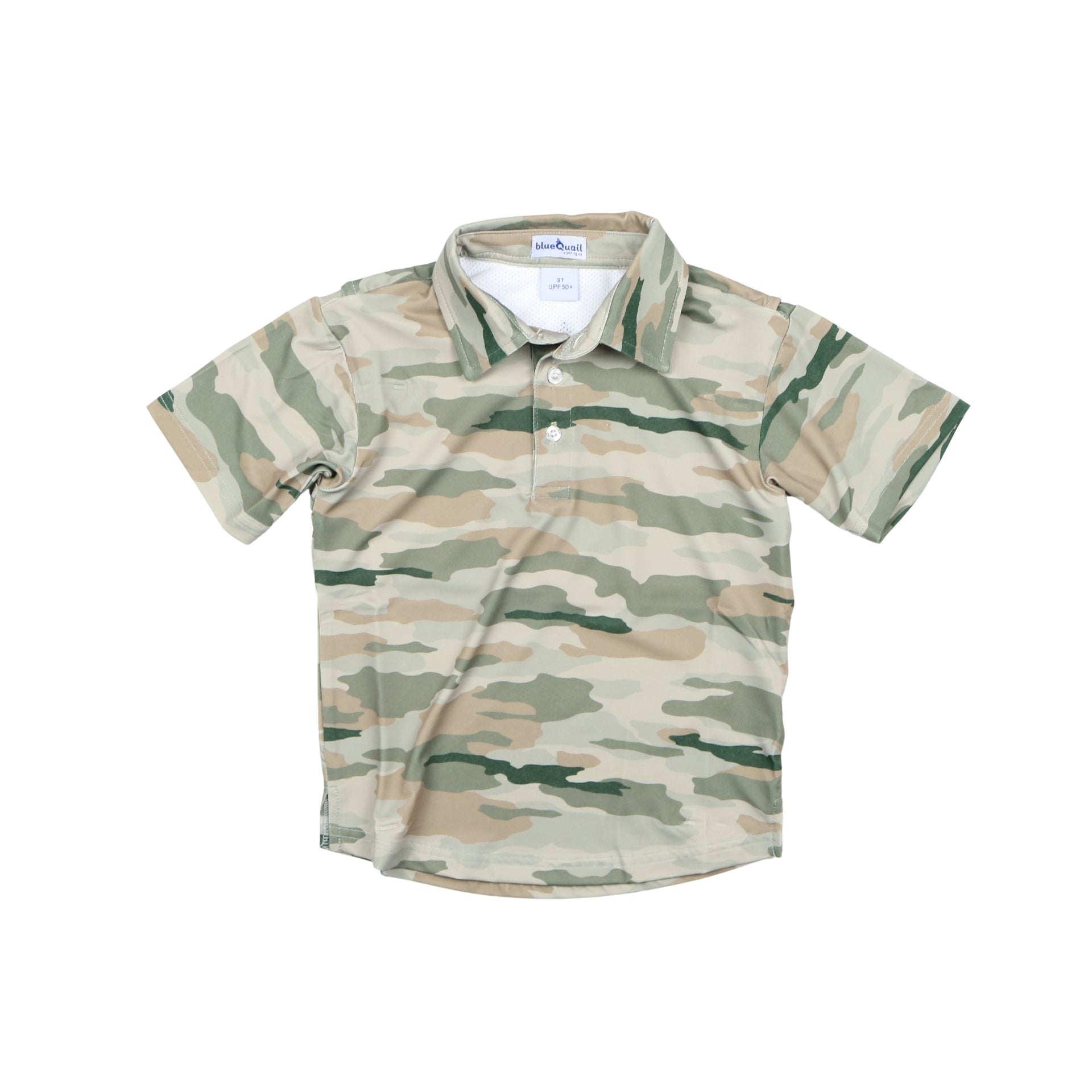 Youth short sleeve camouflage polo shirt in tan, green, and beige tones