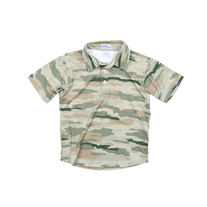 Youth short sleeve camouflage polo shirt in tan, green, and beige tones