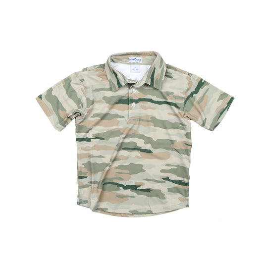 Youth short sleeve camouflage polo shirt in tan, green, and beige tones