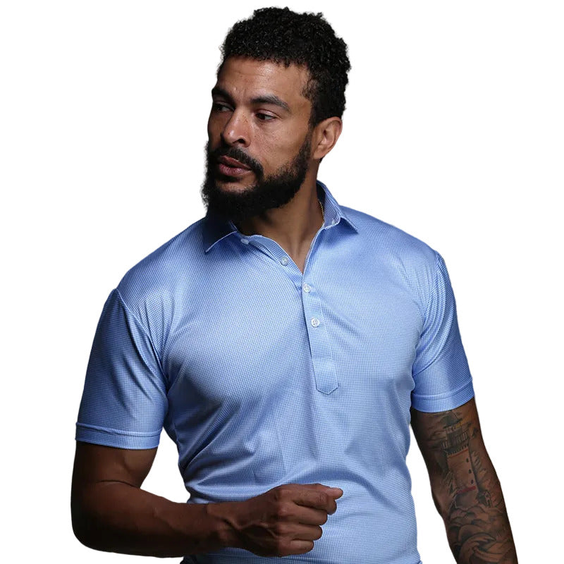 Semi-Spread Collar Polo Blue Houndstooth